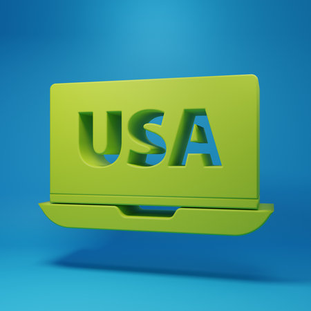 Green USA United states of america on laptop icon isolated on blue background. Minimalism concept. 3D render illustration.の写真素材