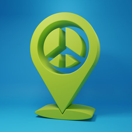 Green Location peace icon isolated on blue background. Hippie symbol of peace. Minimalism concept. 3D render illustration.の写真素材