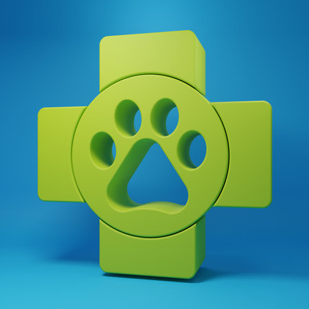 Green Veterinary clinic symbol icon isolated on blue background. Cross hospital sign. A stylized paw print dog or cat. Pet First Aid sign. Minimalism concept. 3D render illustration.の写真素材