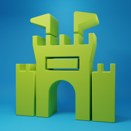 Green Castle icon isolated on blue background. Minimalism concept. 3D render illustration.の写真素材