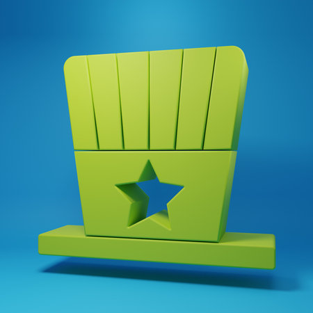 Green Patriotic American top hat icon isolated on blue background. Uncle Sam hat. American independence hat day. Minimalism concept. 3D render illustration.の写真素材