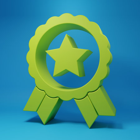 Green Medal with star icon isolated on blue background. Winner achievement sign. Award medal. Minimalism concept. 3D render illustration.の写真素材