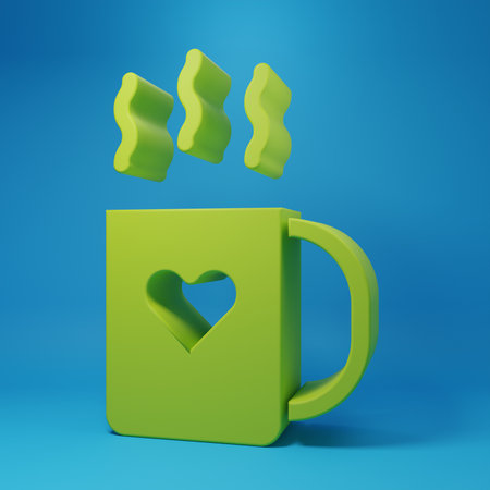 Green Coffee cup and heart icon isolated on blue background. Couple coffee for lovers on Valentines Day. Minimalism concept. 3D render illustration.の写真素材