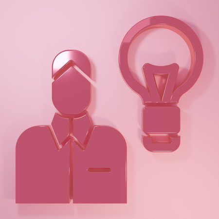 Pink Human with lamp bulb icon isolated on pink background. Concept of idea. Minimalism concept. 3D render illustration.の写真素材