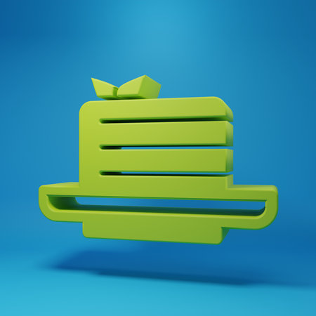 Green Medovik icon isolated on blue background. Honey layered cake or Russian cake Medovik on plate. Minimalism concept. 3D render illustration.の写真素材