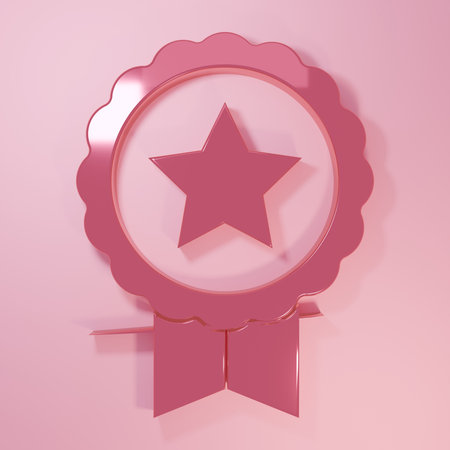 Pink Medal with star icon isolated on pink background. Winner achievement sign. Award medal. Minimalism concept. 3D render illustration.の写真素材