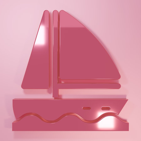 Pink Yacht sailboat or sailing ship icon isolated on pink background. Sail boat marine cruise travel. Minimalism concept. 3D render illustration.の写真素材
