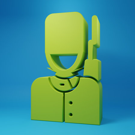 Green British guardsman with bearskin hat marching icon isolated on blue background. Minimalism concept. 3D render illustration.の写真素材