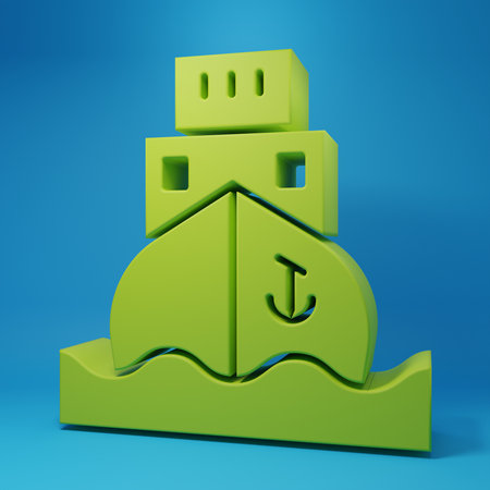 Green Cargo ship icon isolated on blue background. Minimalism concept. 3D render illustration.の写真素材