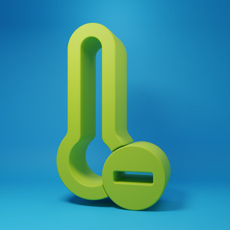 Green Meteorology thermometer measuring icon isolated on blue background. Thermometer equipment...