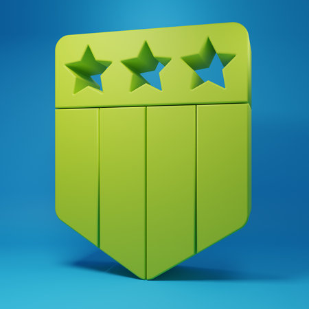 Green Shield with stars and stripes icon isolated on blue background. United States of America country flag. 4th of July. USA Independence day. Minimalism concept. 3D render illustration.の写真素材