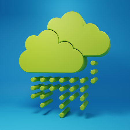 Green Cloud with rain icon isolated on blue background. Rain cloud precipitation with rain drops. Minimalism concept. 3D render illustration.の写真素材