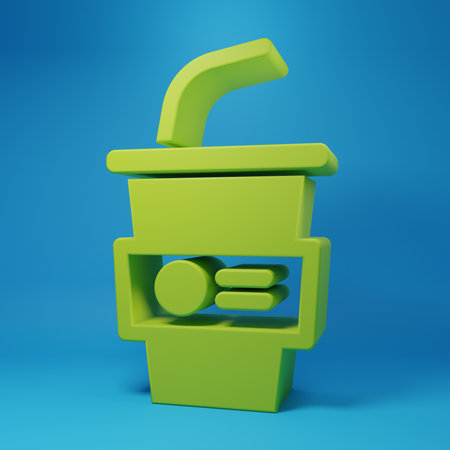 Green Paper glass with drinking straw and water icon isolated on blue background. Soda drink glass. Fresh cold beverage symbol. Minimalism concept. 3D render illustration.の写真素材