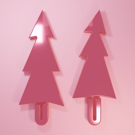 Pink Christmas tree icon isolated on pink background. Merry Christmas and Happy New Year. Minimalism concept. 3D render illustration.の写真素材