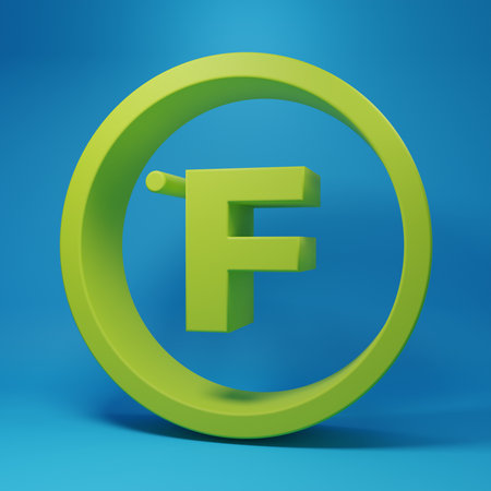 Green Fahrenheit icon isolated on blue background. Minimalism concept. 3D render illustration.の写真素材