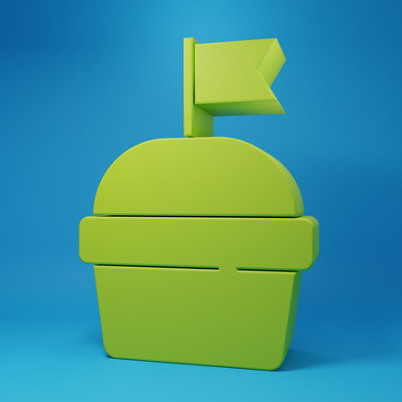 Green Cake icon isolated on blue background. Happy Birthday. Minimalism concept. 3D render illustration.の写真素材