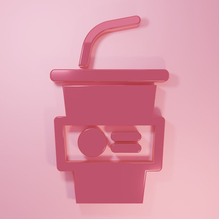 Pink Paper glass with drinking straw and water icon isolated on pink background. Soda drink glass. Fresh cold beverage symbol. Minimalism concept. 3D render illustration.の写真素材