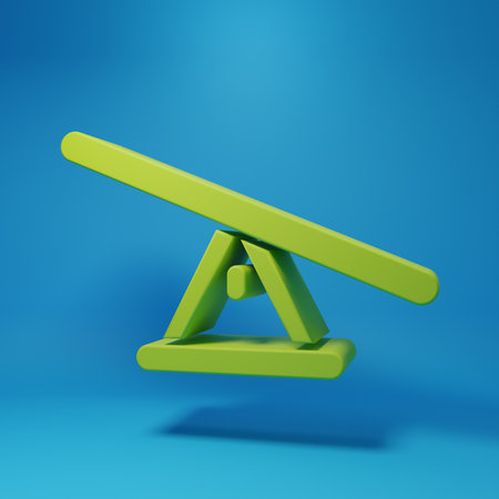 Green Seesaw icon isolated on blue background. Teeter equal board. Playground symbol. Minimalism concept. 3D render illustration.の写真素材