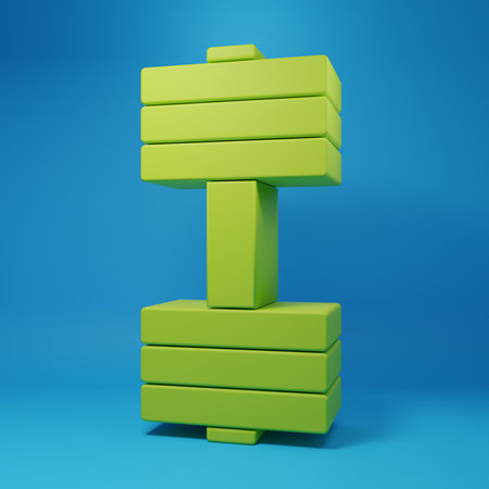 Green Dumbbell icon isolated on blue background. Muscle lifting icon, fitness barbell, gym, sports equipment, exercise bumbbell. Minimalism concept. 3D render illustration.の写真素材