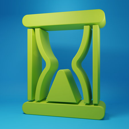 Green Old hourglass with flowing sand icon isolated on blue background. Sand clock sign. Business and time management concept. Minimalism concept. 3D render illustration.の写真素材
