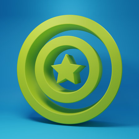 Green American star shield icon isolated on blue background. United States of America country flag. 4th of July. USA Independence day. Minimalism concept. 3D render illustration.の写真素材