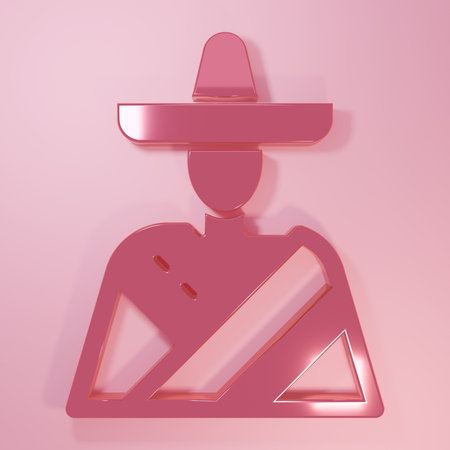 Pink Mexican man wearing sombrero icon isolated on pink background. Hispanic man with a mustache. Minimalism concept. 3D render illustration.の写真素材