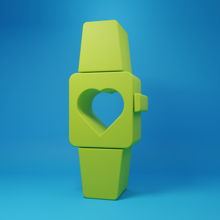 Green Smartwatch icon isolated on blue background. Minimalism concept. 3D render illustration.の写真素材