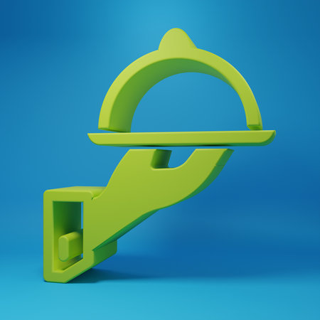 Green Covered with a tray of food icon isolated on blue background. Tray and lid sign. Restaurant cloche with lid. Minimalism concept. 3D render illustration.の写真素材