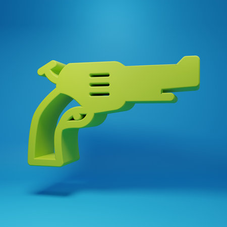 Green Revolver gun icon isolated on blue background. Minimalism concept. 3D render illustration.の写真素材