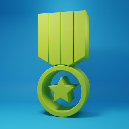 Green Medal with star icon isolated on blue background. Winner achievement sign. Award medal. Minimalism concept. 3D render illustration.の写真素材