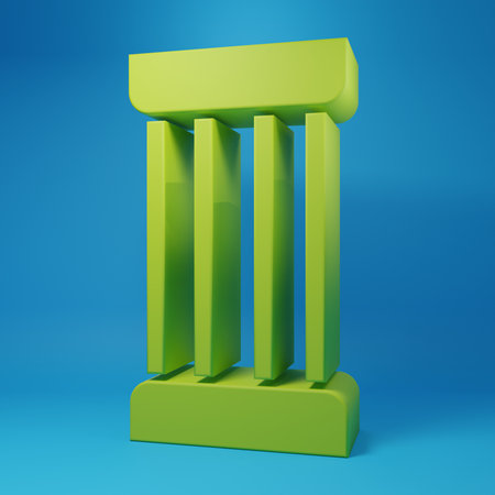 Green Ancient column icon isolated on blue background. Minimalism concept. 3D render illustration.の写真素材
