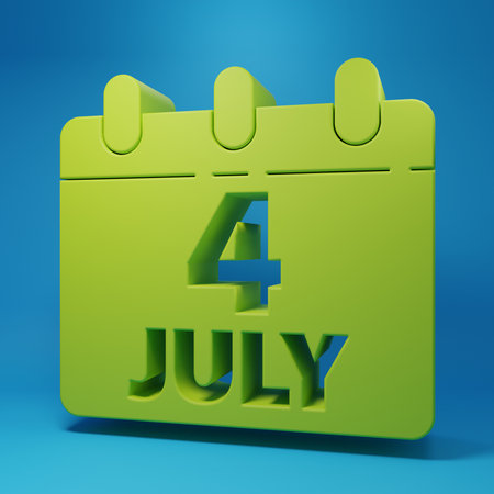 Green Day calendar with date July 4 icon isolated on blue background. USA Independence Day. 4th of July. Minimalism concept. 3D render illustration.の写真素材