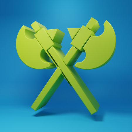 Green Crossed medieval axes icon isolated on blue background. Battle axe, executioner axe. Medieval weapon. Minimalism concept. 3D render illustration.の写真素材