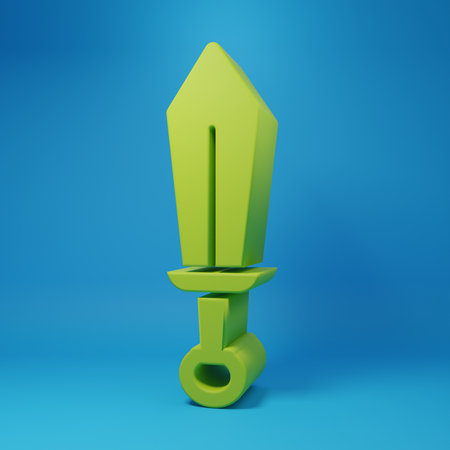 Green Sword toy icon isolated on blue background. Minimalism concept. 3D render illustration.の写真素材