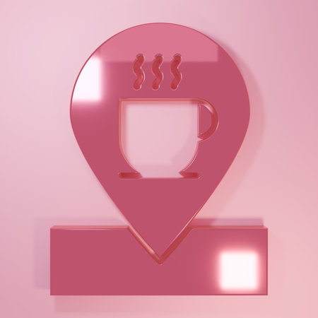 Pink Location with coffee cup icon isolated on pink background. Minimalism concept. 3D render illustration.の写真素材