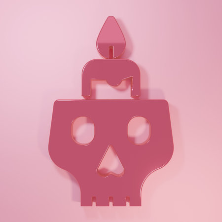 Pink Burning candle on a skull icon isolated on pink background. Day of dead. Minimalism concept. 3D render illustration.の写真素材