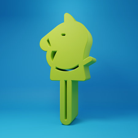 Green Toy horse icon isolated on blue background. Minimalism concept. 3D render illustration.の写真素材