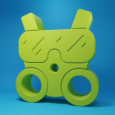 Green Gas mask icon isolated on blue background. Respirator sign. Minimalism concept. 3D render illustration.の写真素材