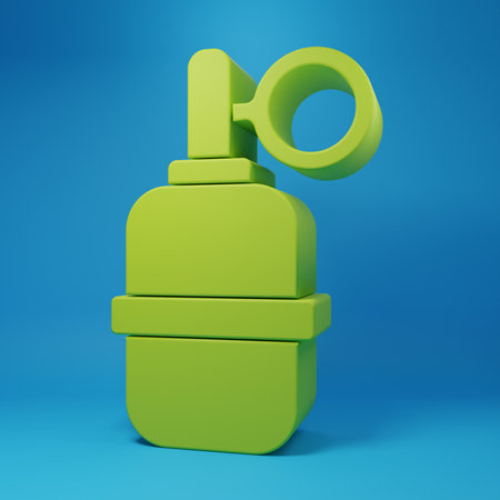 Green Hand grenade icon isolated on blue background. Bomb explosion. Minimalism concept. 3D render illustration.の写真素材