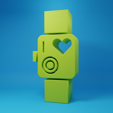 Green Smart watch showing heart beat rate icon isolated on blue background. Fitness App concept. Minimalism concept. 3D render illustration.の写真素材