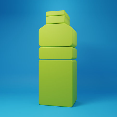 Green Fitness shaker icon isolated on blue background. Sports shaker bottle with lid for water and protein cocktails. Minimalism concept. 3D render illustration.の写真素材