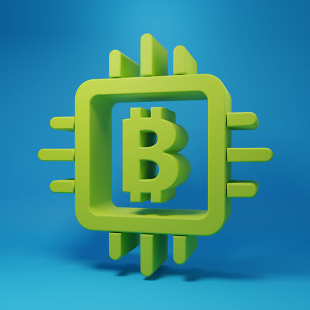 Green CPU mining farm icon isolated on blue background. Bitcoin sign inside processor. Cryptocurrency mining community. Digital money. Minimalism concept. 3D render illustration.の写真素材
