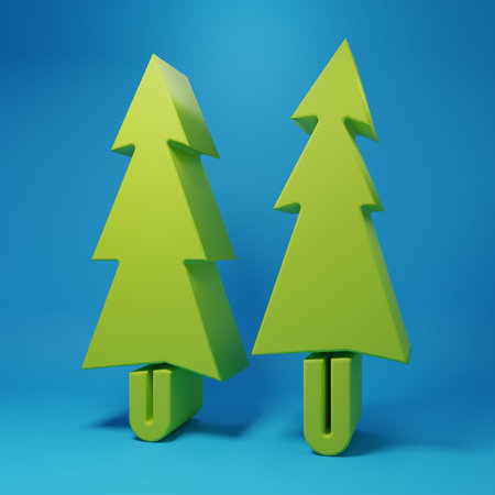 Green Christmas tree icon isolated on blue background. Merry Christmas and Happy New Year. Minimalism concept. 3D render illustration.の写真素材