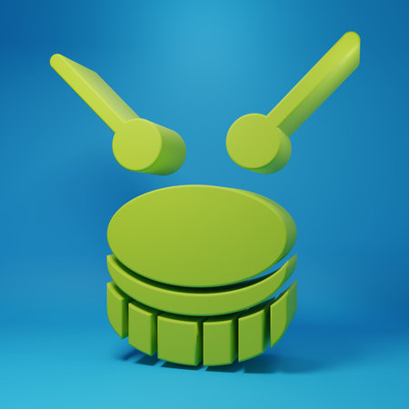 Green Drum with drum sticks icon isolated on blue background. Music sign. Musical instrument symbol. Minimalism concept. 3D render illustration.の写真素材