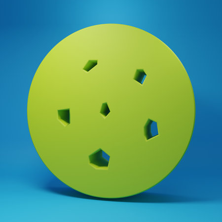 Green Cookie or biscuit with chocolate icon isolated on blue background. Minimalism concept. 3D render illustration.の写真素材