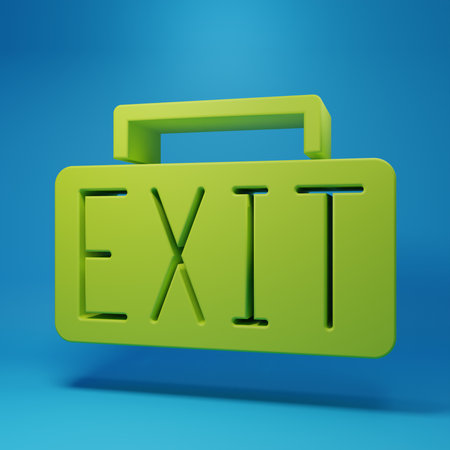 Green Exit icon isolated on blue background. Fire emergency icon. Minimalism concept. 3D render illustration.の写真素材