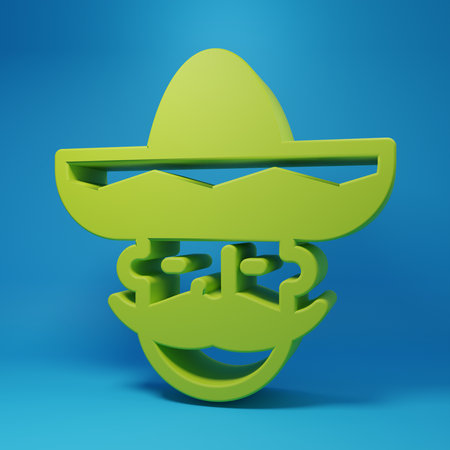 Green Mexican man wearing sombrero icon isolated on blue background. Hispanic man with a mustache. Minimalism concept. 3D render illustration.の写真素材