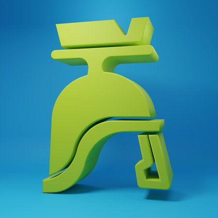 Green Roman army helmet icon isolated on blue background. Minimalism concept. 3D render illustration.の写真素材