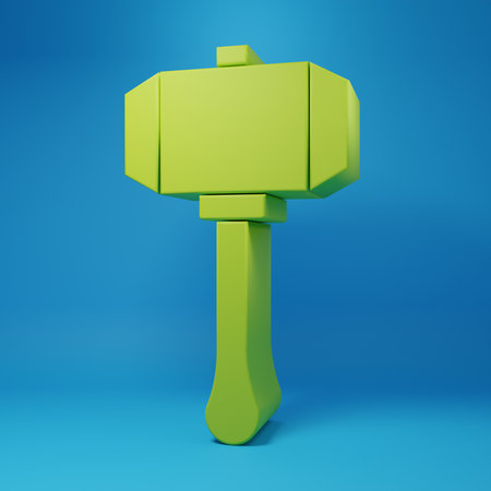 Green Hammer icon isolated on blue background. Tool for repair. Minimalism concept. 3D render illustration.の写真素材
