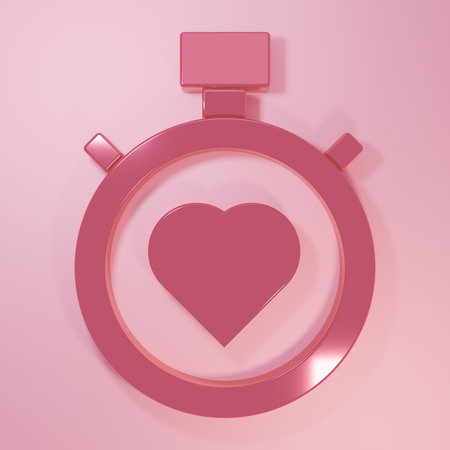 Pink Heart in the center stopwatch icon isolated on pink background. Valentines day. Minimalism concept. 3D render illustration.の写真素材